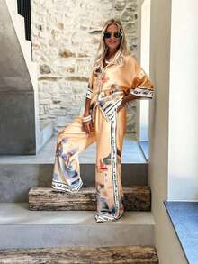 2pcs Set: City Print Shirt With Decorative Trim & Wide Leg Pants, Fashion Style - trái cam - Xem 1