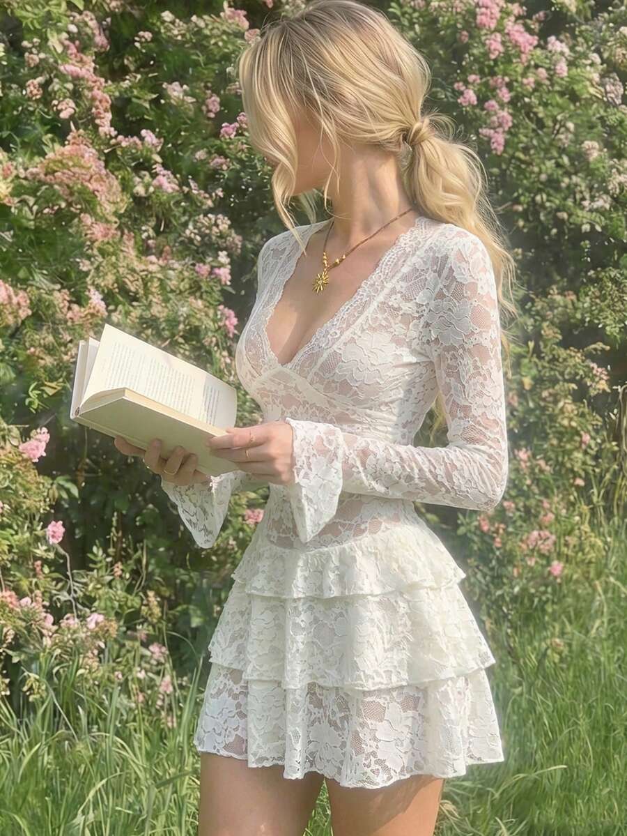 Đầm ngắn ren trắng thanh lịch tay xòe, eo nhún bèo, gấu đầm xếp ly, đầm hè gợi cảm thời trang, trang phục dạo phố lãng mạn dành cho nữ. - Màu be - Xem 1