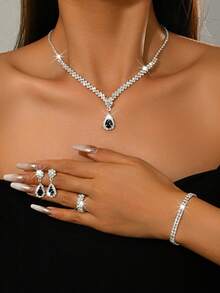 5pcs Flower Pendant Necklace, Earrings, Bracelet Jewelry Set, Suitable For Women's Evening Party - Green - View 11