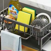 不锈钢防锈水槽置物架海绵架黑色灰色白色厨房收纳架带毛巾杆倾斜式自排水皂碟，适用于海绵、刷子、洗洁精、毛巾等台面收纳，家居装饰配件，感恩节、圣诞节、新年节日礼物 - 查看 12