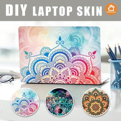 两片装曼陀罗图案笔记本电脑贴膜，采用优质防水防刮PVC材料制成，适用于所有型号，增添个性化装饰并保护笔记本电脑表面，易于粘贴和移除，不留任何痕迹。立即体验独特风格！尺寸：15x11.02英寸