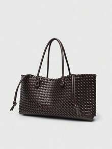 1pc Deep Brown Woven Texture Decor PU Large Capacity Women's Shoulder Bag, Minimalist Commuter Style Handbag, Suitable For Commuting, Work, Shopping, Dating And Daily Outings - Multicolor - View 12