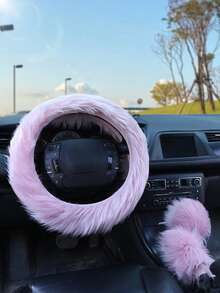 1pc New Faux Wool Plush Steering Wheel Cover, Handbrake & Gear Shift Sleeve Set For Car - Multicolor - View 15