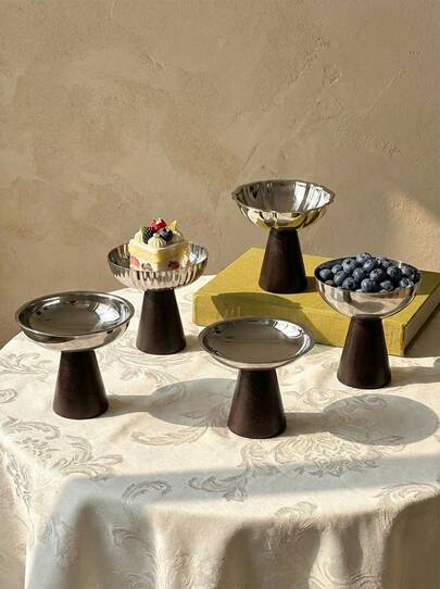 Cirelle 1 Set Of Wooden Stemmed Dessert Cups, Stainless Steel Fruit Yogurt Salad Cups, Stainless Steel Ice Cream Cups, Afternoon Tea Pudding Dessert Cups, Stainless Steel Dessert Plates, Vegetable Bowls, Trays, Snack Plates, Creative Ice Cream Bowls, Decorative Bowls, Jewelry Trays, Candle Trays, Suitable For Home, Garden, Dessert Shops, Cafes