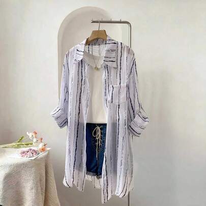 Striped Pocket Front Button Long Sleeve Casual Shirt For Home & Holiday White Spring