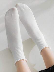 5 Pairs Women's White Cute Ruffle Trim Mid-Calf Socks, Suitable For Daily Wear, Autumn - Multicolor - View 6