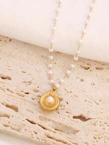 1pc Stainless Steel Pearl Shell Pendant Necklace For Women Fashion Simple Elegant Pearl Beads Necklaces Jewelry - Necklace - View 4