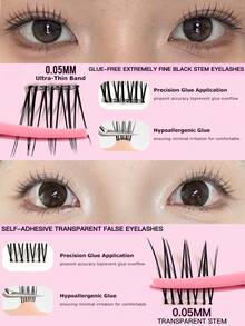 60pcs C-Curl Flare False Eyelashes, Korean Girl Group Style, 7-9mm, Invisible Transparent Band, Self-Adhesive, Press-On, Comfortable Fit, Built-In Eyeliner Effect, Reusable, Durable, Japanese Makeup Style, Thick & Natural, Lightweight & Fluttery, Gift For Women & Girls, Individual Lashes, Comfortable & Non-Irritating - 黑色 - 查看 6