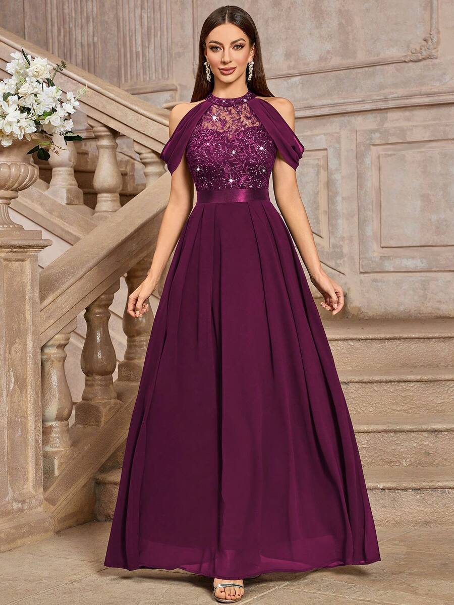 MIUSOL Elegante abito da sera con spalle scoperte, decorato con fiori in pizzo e paillettes, vestito da cerimonia adatto per invitati a matrimoni, cerimonie di laurea, cene formali estive