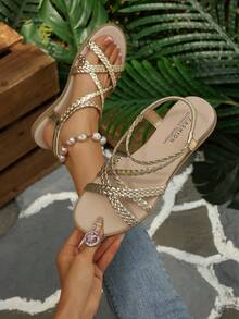 Handwoven Rhinestone Strap Comfortable Flat Sandals For Women - Champagne - View 17