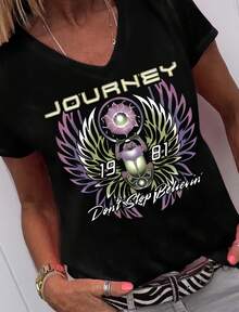 Women's V Neck Short Sleeve T Shirt- Journey Don't Stop Believin' Scarab Casual Graphic Loose Tee - 黑色 - 查看 1