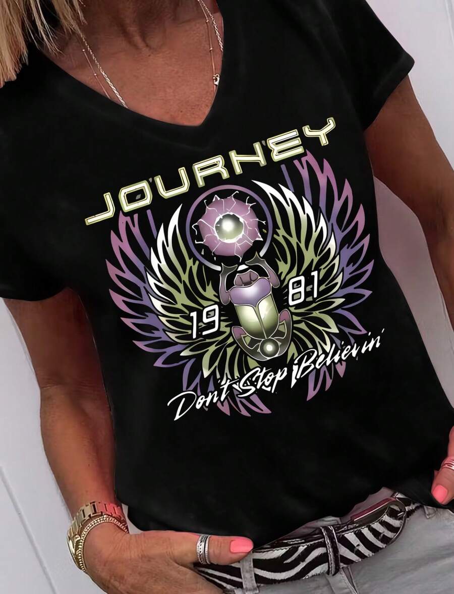Women's V Neck Short Sleeve T Shirt- Journey Don't Stop Believin' Scarab Casual Graphic Loose Tee - 黑色 - 查看 1