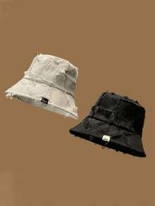 1pc Women's Bucket Hat, Fringed Plaid Pattern, Sun Protection, Letter Embroidery, Flattering Bucket Hat, Spring/Summer/Autumn - Multicolor - View 3