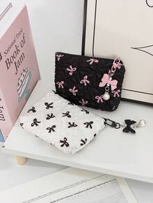 柔软绗缝蝴蝶结印花化妆包，便携式旅行化妆品收纳包，带装饰蝴蝶结和珍珠吊坠，可爱配饰袋，适合日常使用 - 查看 3
