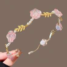 1件玫瑰粉色花朵和仿珍珠装饰波西米亚风发箍，优雅发饰，适合日常、上学、海滩、度假、工作、通勤、派对、母亲节礼物、发夹、发卡、教师节礼物、女士发饰 - 粉色 - 查看 5