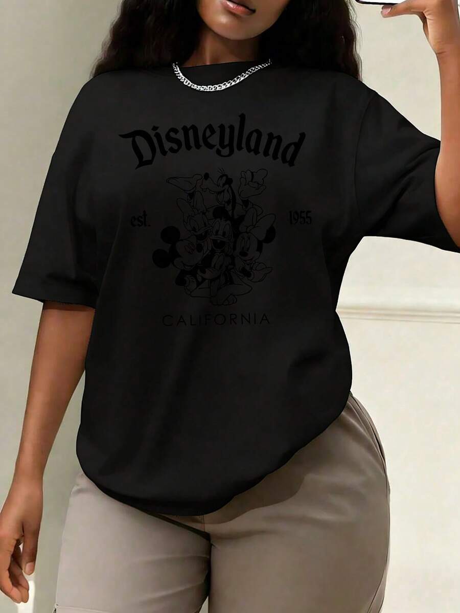 Women's Casual Cotton Round Neck Short Sleeve Disneyland T-Shirt, Regular Fit Top With Slight Stretch - màu đen - Xem 1