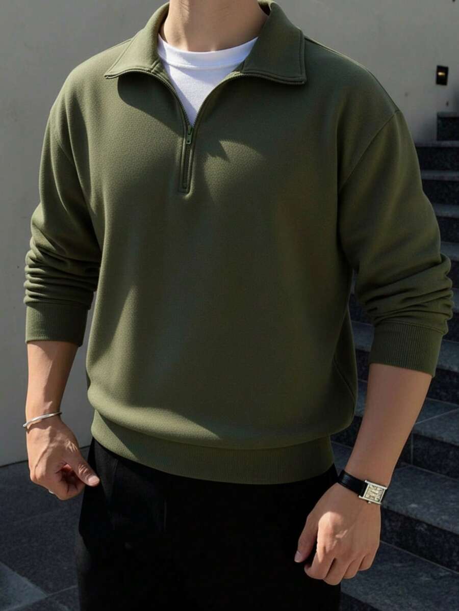 1件男士宽松半拉链领轻薄纯色卫衣 - 橄欖綠 - 查看 1