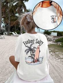 [Summer Beach Tee] High Stretch Women's Plus Size Casual Loose Fit Round Neck Short Sleeve T-Shirt |  "FEELING SALTY" Surf Skeleton Graphic Print 2026 - 白色 - 查看 6