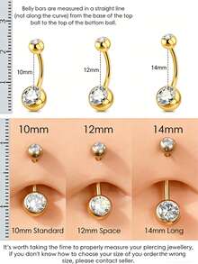 AVYRING G23钛金肚脐环，内螺纹，长度可选6mm、8mm、10mm、12mm、14mm、16mm，圆形锆石肚脐环，男女通用 - 金色 - 查看 2