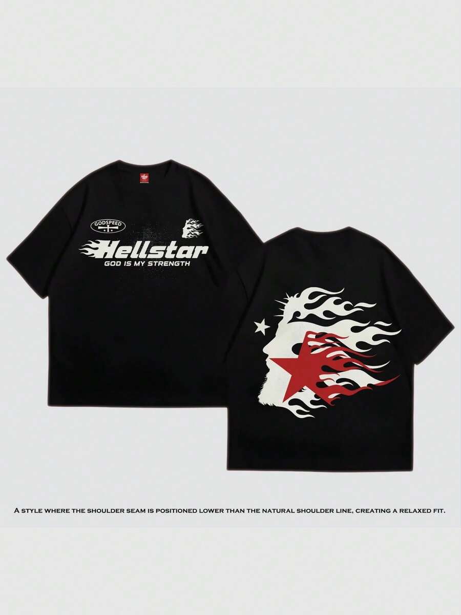 Hellstars God Is My Strength Flame Silhouette Retro T-Shirt Double Sided Printed (220g 100% Cotton T-Shirt), Summer Clothes, Women's Tops, Casual And Comfortable, Fashionable Graphic Tee, Unisex Style - 黑色 - 查看 1