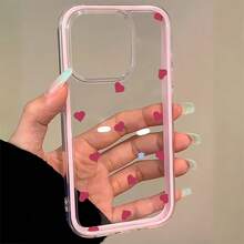 1pc Pink Framed Transparent Minimalist Lens Protection Anti-Fall Anti-Collision Full Screen Red Heart Pattern Phone Case, Personalized For IPhone 16 Pro Max, 17/16/15/14 Plus, 13/12/11, Air - Multicolor - View 3