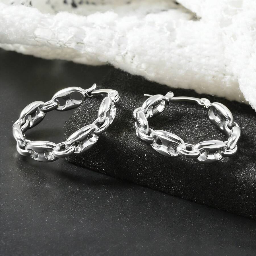 1 Pair Classic Fashion 18K White Gold Plated Hollow Pig Nose Chain Link Stainless Steel Earrings, Suitable For Daily, Commute, Party, Banquet Wear, All Seasons - Silver - View 1