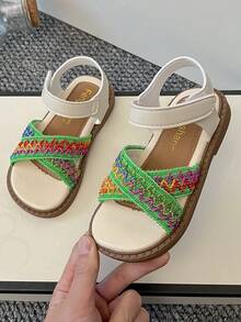 1 Pair 2026 Girls' Colorful Embroidered Crochet Sandals, Adjustable Laces, Round Toe Design, Flat, Bohemian Style Children's Sandals, Suitable For Daily Outdoor Activities, Beach And Summer Wear - Cadet Blue - View 5