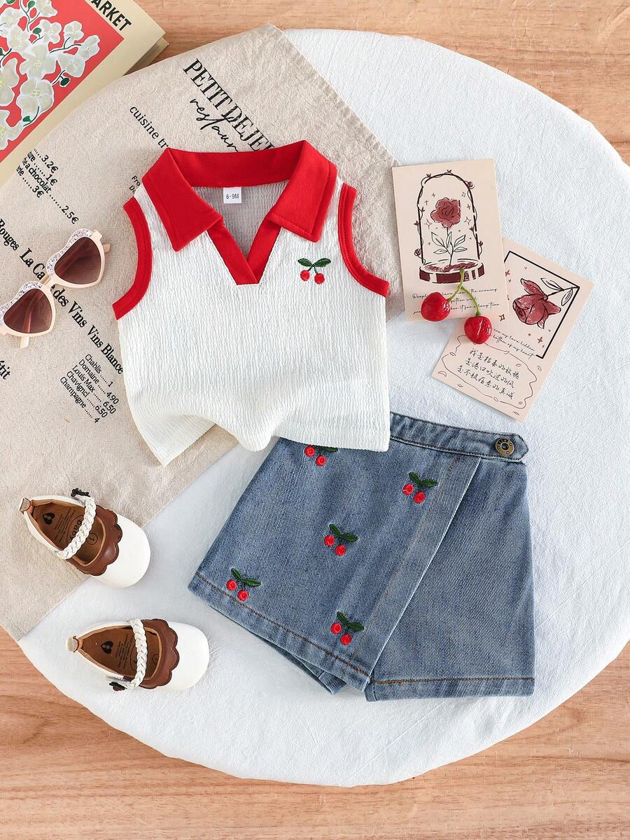 2件套女婴可爱樱桃刺绣领背心上衣和棉质牛仔短裤套装 - 紅色 - 查看 1