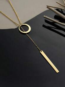 1pc 18K Gold Plated Stainless Steel Elegant Lariat Necklace, Delicate Gold Circle And Bar Lariat Necklace, Chic Y-Shaped Necklace, Modern Circle Design Necklace, Minimalist Style Women's Gift, Fashion Jewelry Gift For Her - Gold - View 10