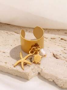 1pc Stainless Steel Starfish Shell Rings For Women Fashion Starfish Finger Open Ring Ocean Vacation Waterproof Jewelry - Ring - View 7