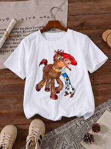 Disney DIS Pixar Toy Story Jessie Hugging Bullseye Best Friends Printed Pattern T-Shirts For Girls - Children's Clothing Design Short-Sleeved Casual And Cute Style Comfortable And Casual Wear All Year Round Suitable For Parties And Play Machine Washable Gift Children's Clothing Girls' Short-Sleeved Shirts - 白色 - 查看 2