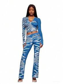 New Animal Pattern Print Hooded Contrasting Elastic Sports Style Jacket Top Trousers Set Women - Blue - View 2