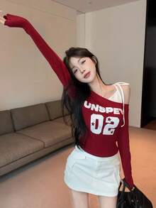 Asymmetric Collar Color Block Long Sleeve T-Shirt, Sweet & Sexy Girl Print Fitted Top For Women, Spring/Summer Red - Red - View 7