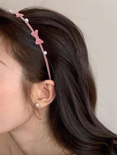 1件女士纯粉色植绒合金蝴蝶结仿珍珠细边发箍，优雅甜美校园配饰，适合派对、舞蹈和日常佩戴，粉色配饰，发箍/发圈