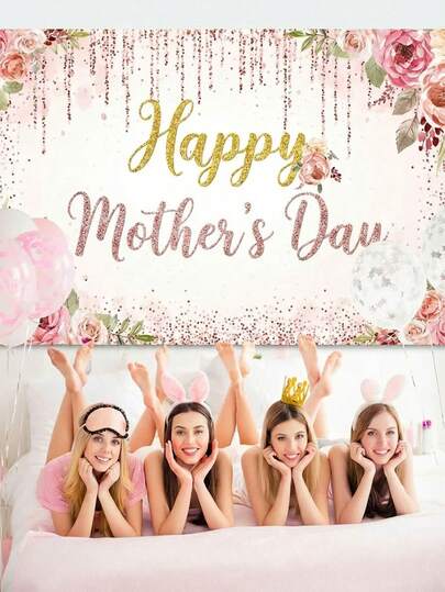 1 pieza Telón de fondo de tela de poliéster para el Día de la Madre, con múltiples opciones de diseño (Floral y brillo dorado/Rosa y brillo rosa) con decoración floral y de confeti, fondo de foto plegable resistente a la decoloración, adecuado para celebración del Día de la Madre, brunch, reunión familiar, fiesta, eventos interiores y exteriores