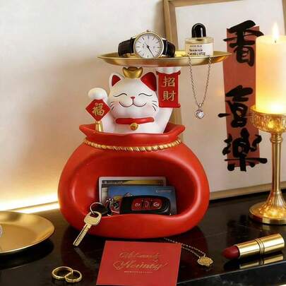 1pc Wealth Beckoning Cat Entryway Key Holder Foyer Decor, Home Living Room Shoe Cabinet Ornament, Surprise Gift For Friends, Housewarming Present