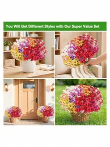 12束仿真室内外装饰花卉，假花假草，适用于室内外花园、阳台、窗台、家居、婚礼、农舍等场所。户外仿真花，不褪色塑料花，悬挂式花盆，厨房家居花瓶装饰，室内外仿真花卉假草，丝绸般质感的户外门廊悬挂式花盆，窗台，花园春季装饰 - 彩色 - 查看 6