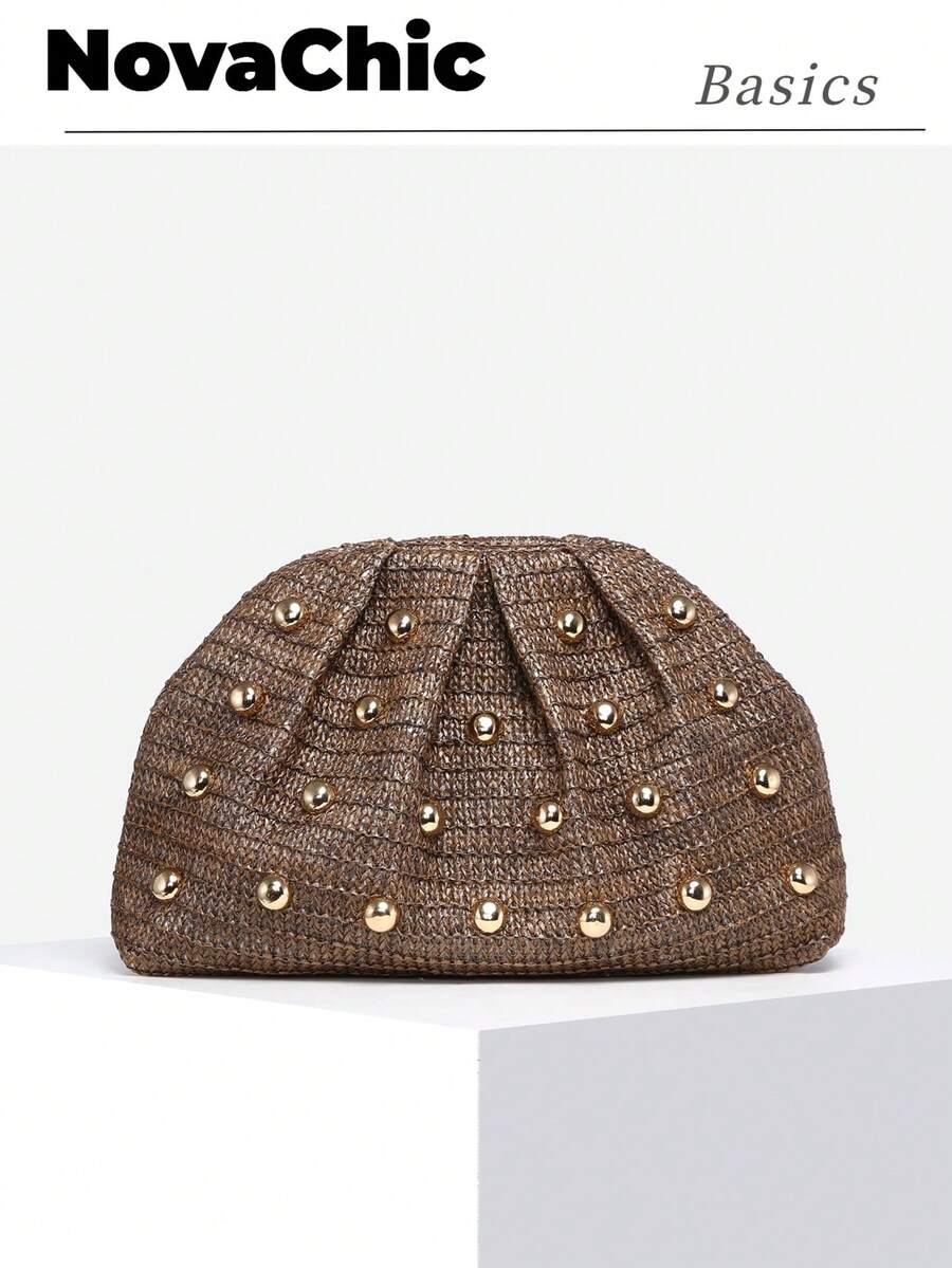 1 pieza Bolso de mano plegable de mujer con estilo de vacaciones en la playa, decoración de remaches, retro, minimalista, adecuado para uso diario, playa, fiesta, vacaciones - Café - Ver 1