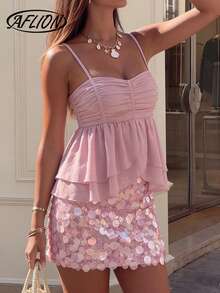 Aflion Women's Elegant Casual Y2K Style Pink Ruffle Pleated Camisole Cropped Top, Suitable For Summer Party, Beach, Vacation - Pink - View 3