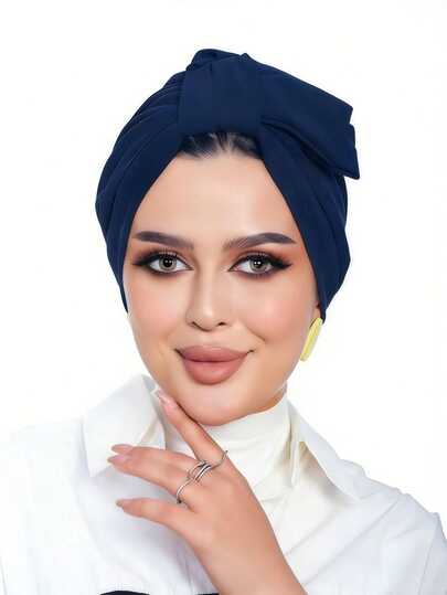 1pc Women's Classic Solid Color Bow Turban, Chemotherapy Underscarf, High Elasticity, Pleated Design, Non-Slip, Breathable, Multi-Layer Pleated, Perfectly Matches Hijab, Soft & Comfortable Modal Knit Fabric, Suitable For Daily Wear