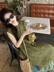 Hollow Out Sleeveless Women Round Neck Short Sleeve Sweater Dress - Army Green - View 7