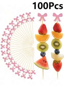 10/100pcs Pink Bow Toothpicks, Elegant Pink Bow Cocktail Picks, Bamboo Toothpicks, Suitable For Birthday Party Supplies, Can Be Used For Drinks, Appetizers, Baking, Wedding Desserts, Parties, Cakes And Cupcake Decorations, And Party Foods - Multicolor - View 11