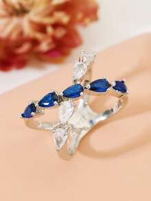 1pc Fashion Blue Cubic Zirconia Pear-Shaped Copper Ring, Suitable For Women's Daily Wear, Wedding, Engagement, Party Jewelry, Valentine's Day Gift - Silver - View 1