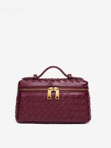 Classic Woven Fashion Shoulder Bento Lunch Box Bag, Practical Minimalist Stylish Tote Crossbody Square Box Bag - Burgundy - View 8