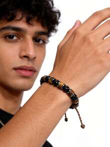 三重守护手链，6毫米虎眼石、黑曜石、赤铁矿珠子编织绳手链，寓意好运、力量、勇气，水晶瑜伽冥想饰品，男女皆宜 - 彩色 - 查看 2