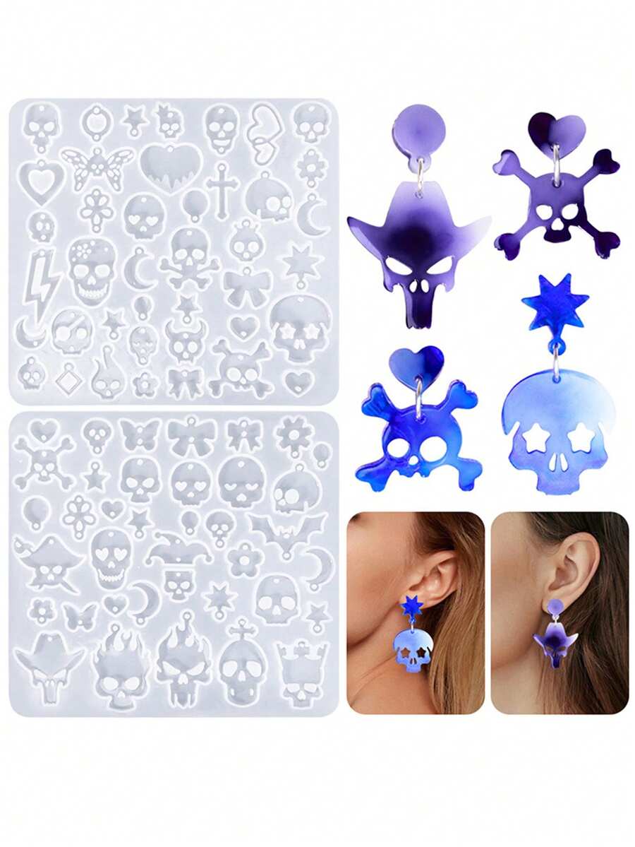 1PC Halloween Skull Earring Silicone Mold DIY Skeleton Pendant Keychain Jewelry Crafts Making Resin Mold - White - View 1
