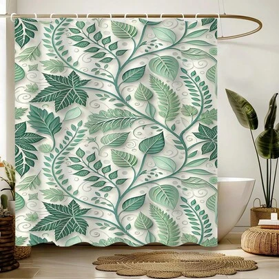 1pc Of Fresh Plant Leaf Shower Curtains, Leaf Printed Shower Curtains, Suitable For Various Room Doors, Windows, Bathroom Decoration Partitions, Bathroom Accessories,