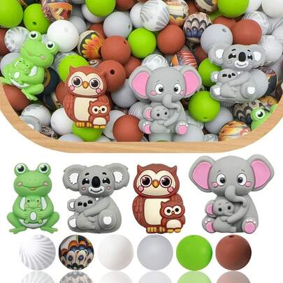 25/44/54颗动物系列硅胶珠套装 - 青蛙、考拉、猫头鹰、大象、亲子设计 - 可爱的动物造型珠子 - 适合DIY钥匙扣、项链、手链、装饰笔、珠宝和吊坠 - 非常适合作为母亲节、父亲节、生日礼物