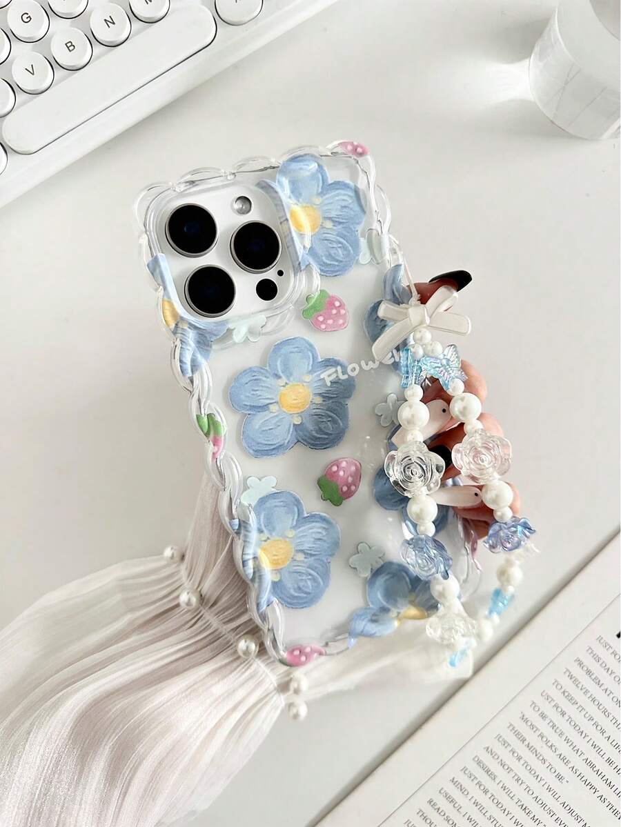 Funda protectora para teléfono con textura de flor, borde ondulado, pintada en azul brillante, compatible con iPhone XR/7/8, con accesorio de pulsera con cuentas, compatible con iPhone 16/16 Pro/16 Plus/16 Pro Max, 15 Pro Max, 13, 14, funda suave para Galaxy, Ximi, Note 11, Ximi 11 Lite - Multicolor - Ver 1