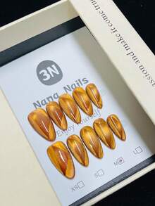 1包/10片 - 炫彩铜金猫眼尖头美甲贴片 | 金属质感奢华可佩戴亚克力美甲贴片 - 咖啡棕 - 查看 3